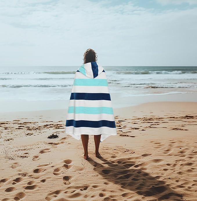 COTTON CRAFT Hooded Beach Towel – Oversized 35 x 70 Towel with Hood for Adults - 100% Cotton Velour Terry Towel - Pool Bath Wrap - Super Soft Plush Absorbent Quick Dry – 630 GSM – Cabana Stripe Blue