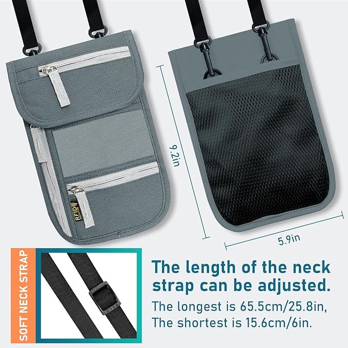 Travel Neck Wallet, RFID Blocking Passport Holder with Adjustable Neck Strap for Men and Women to Keep Cash, Credit Cards and Travel Documents Safe - A
