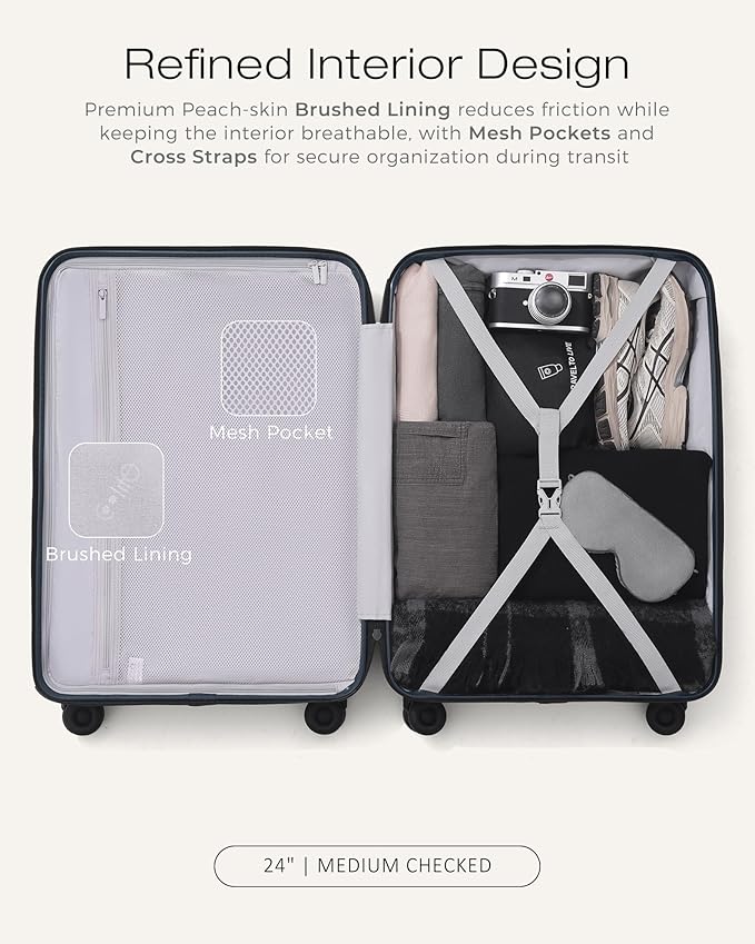 Coolife Hardside Luggage Upgrade Durable PC Lightweight Travel Suitcases with Dual Spinner Wheels & TSA Lock (Navy, Checked-Medium 24-Inch)