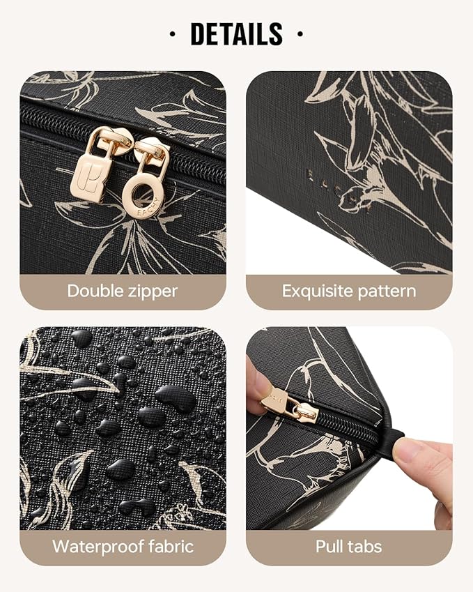 EACHY Travel Makeup Bag,Large Capacity Cosmetic Bags for Women,Waterproof Portable Pouch Open Flat Toiletry Bag Pattern Makeup Bag (F-Black-Large)