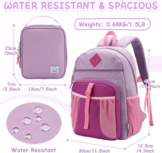 VASCHY Kids Backpack Lunch Bag Set, 2-1 School Bookbag Insulated Lunch Box for Toddlers,Preschool,Daycare,Kindergarten,Elementary School Pink