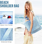 HOHOM Beach Bags for Women, Summer Travel Mesh Tote Bag with Large Inner Pocket, Sandproof Woven Shoulder Handbag