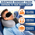 Plane Neck Pillow for Long Flights – 4-in-1 Set | Adjustable 100% Memory Foam Gray Airplane Pillow Neck Support, 3D Eye Mask, Earplugs, & Soft Washable Cotton Cover, Button Closure – Comfort Traveling