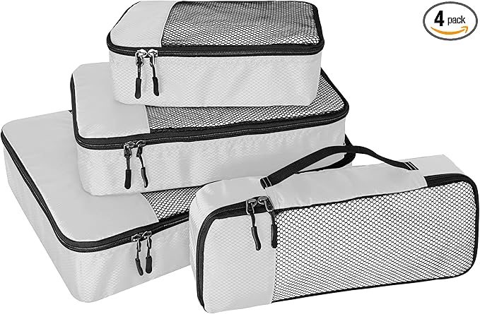 WTREE 4-Piece Packing Cubes Travel Accessories Set for Suitcases - Luggage Organizer Bags with Double Zipper - Mesh Top - Small/Medium/Large/Slim - Beige
