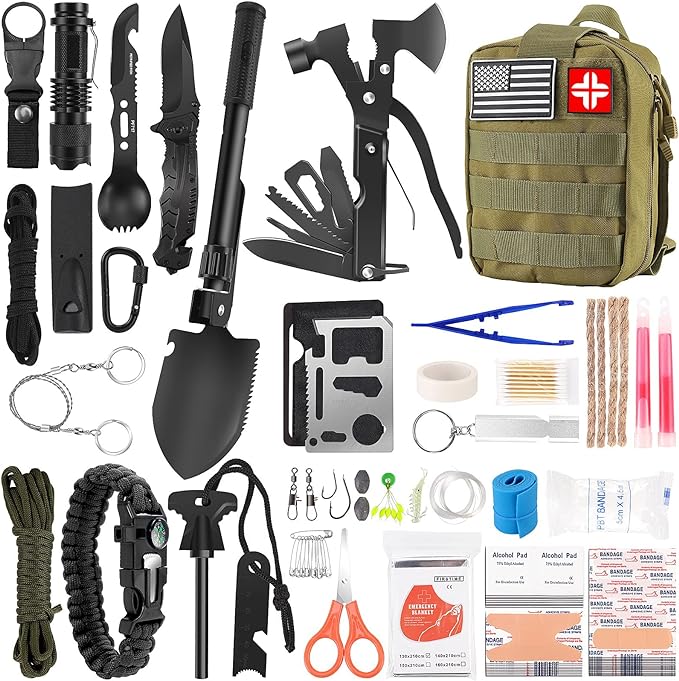 LUXMOM Emergency Survival Kit and First Aid Kit, 142Pcs Professional Survival Gear and Supplies Equipment with Molle Pouch, Gift for Christmas Men Dad Husband Camping Hiking Hunting Outdoor Adventure