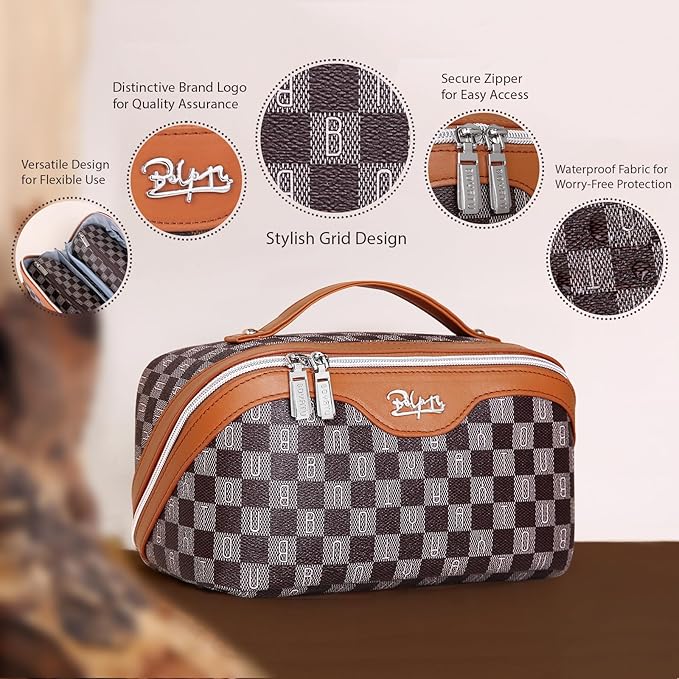 BOYATU Travel Makeup Bag Organizer Cosmetic Bag: 3 Pcs Set Make up Bags for Women with Handle - Waterproof Vegan Leather Toiletry Bags Travel Essentials Pouch with Compartments (H-01-Brown)