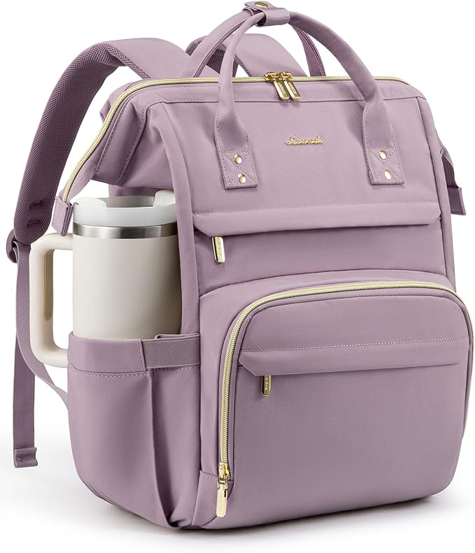 LOVEVOOK Laptop Backpack for Women with Giant Tumbler Holder Pocket,15.6 inch Waterproof Travel Backpack Purse Computer Laptop Bag,Professional Work College Nurse Teacher Backpack Daypack,Light Purple