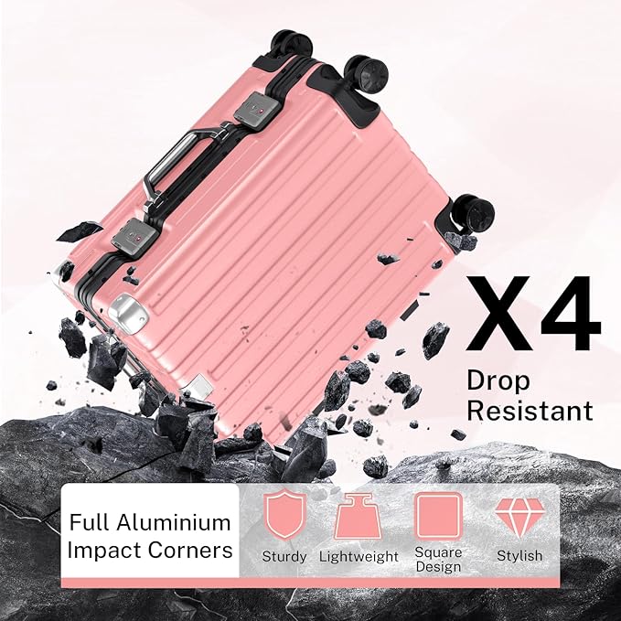 Krute Carry On Luggage 20 inch Aluminum Frame Luggage with Spinner Wheels Hardshell No Zipper PC+ABS TSA Lock Zipperless Suitcases Pink