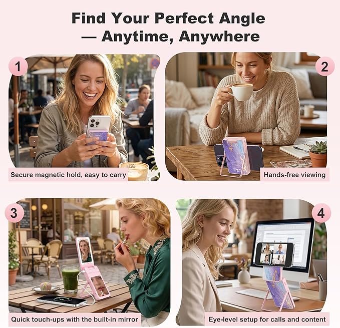 5-in-1 Magnetic Power Bank, 5000mAh Portable Wireless Charger with Mirror, Stand, Bluetooth Remote & Card Holder, MagSafe Compatible Travel Essential for iPhone & Samsung, USB-C Cable Included