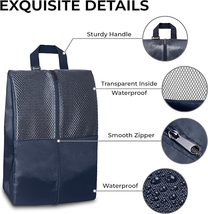 Shoe Bags For Travel, Used As For Storage or Shoe Travel Bag, Space Saving When Travelling With This Travel Shoe Bags For Packing, Featuring Waterproof Nylon Sneaker Bag. (Navy, 2 Pack, Large)