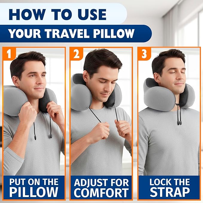 Plane Neck Pillow for Long Flights – 4-in-1 Set | Adjustable 100% Memory Foam Gray Airplane Pillow Neck Support, 3D Eye Mask, Earplugs, & Soft Washable Cotton Cover, Button Closure – Comfort Traveling