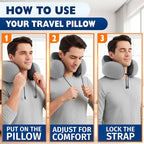 Plane Neck Pillow for Long Flights – 4-in-1 Set | Adjustable 100% Memory Foam Gray Airplane Pillow Neck Support, 3D Eye Mask, Earplugs, & Soft Washable Cotton Cover, Button Closure – Comfort Traveling