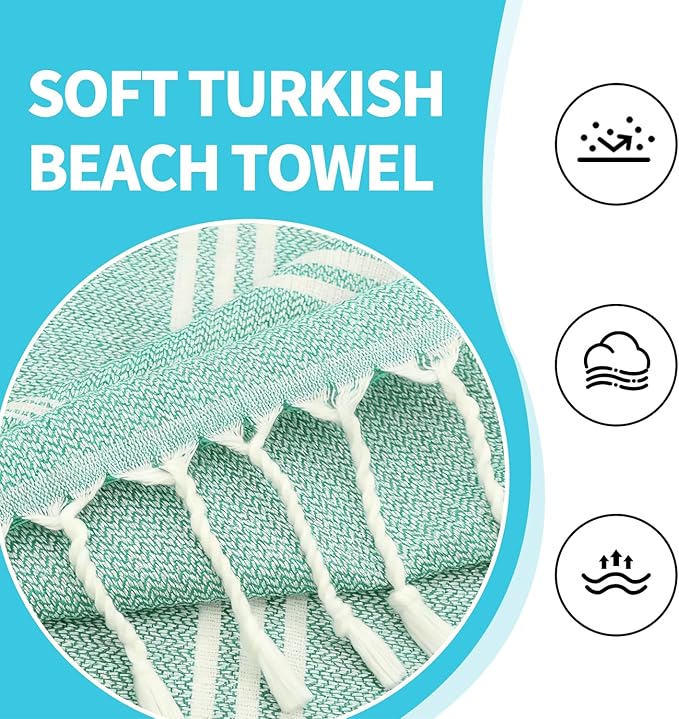 YSYJ 18 Pack Turkish Beach Towel 36 x 71 Inches Beach Towels Soft Lightweight Extra Large Pool Towels Quick Dry Sand Free Turkish Bath Towels Teal