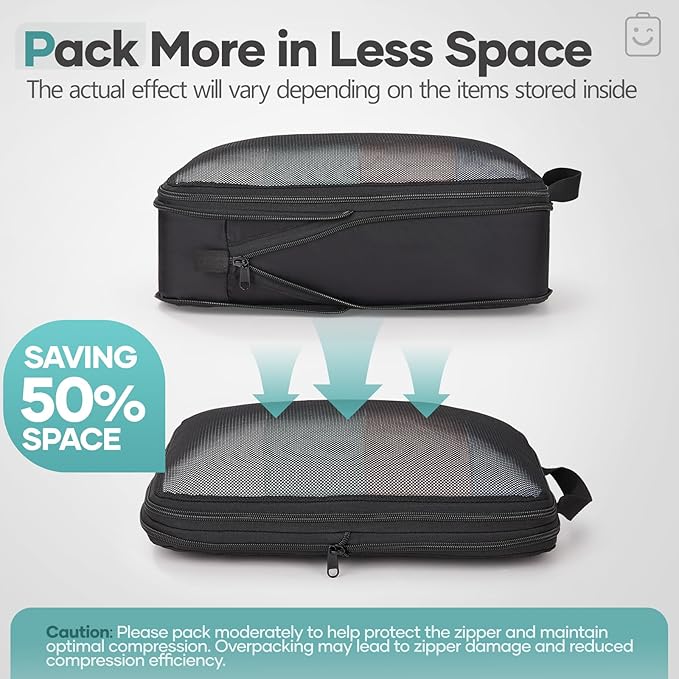 Veken 9/11 Set Compression Packing Cubes for Travel Essentials,Compressible Expandable Large Luggage Suitcase Organizer Bags for Clothing,Durable Space Saver Storage Bags with Toiletry Bags(Black)