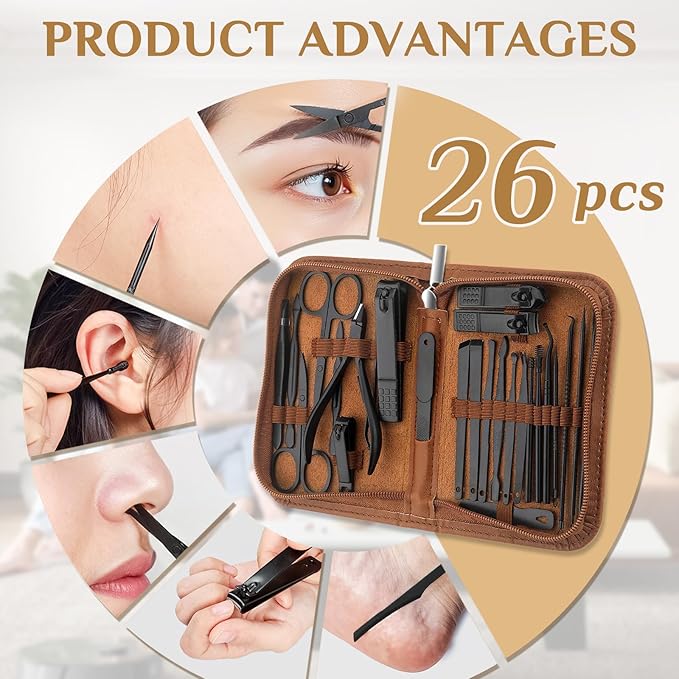 MINKINH Manicure Set Professional Nail Clipper Kit-26 Pieces Stainless Steel Manicure Kit,Nail Care Tools with Luxurious Travel Case (Brown)