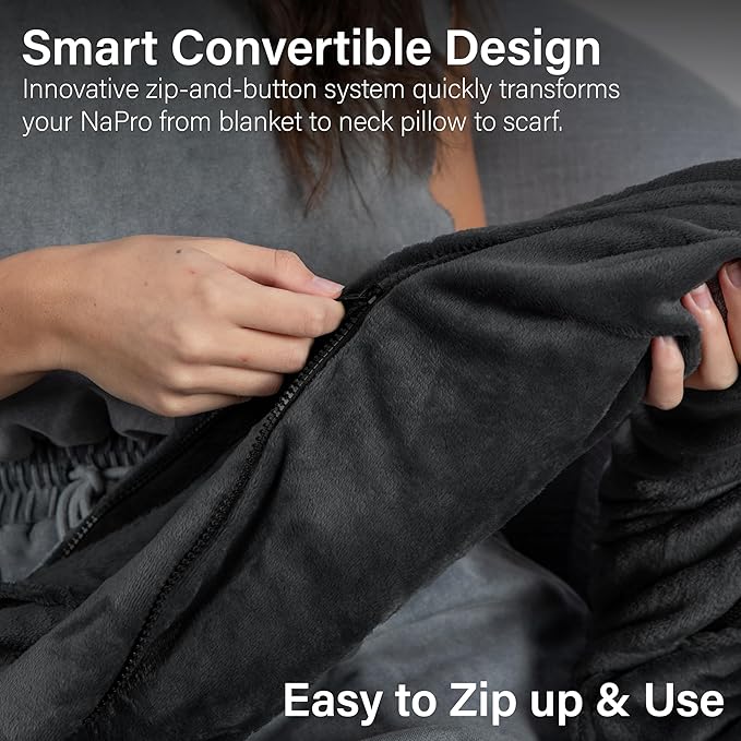 NAPRO 3‑in‑1 Travel Blanket Pillow Scarf – Convertible 50×80″ Blanket, 12×16″ Pillow, 80″ Infinity Neck Pillow – Lightweight, Plush – Black