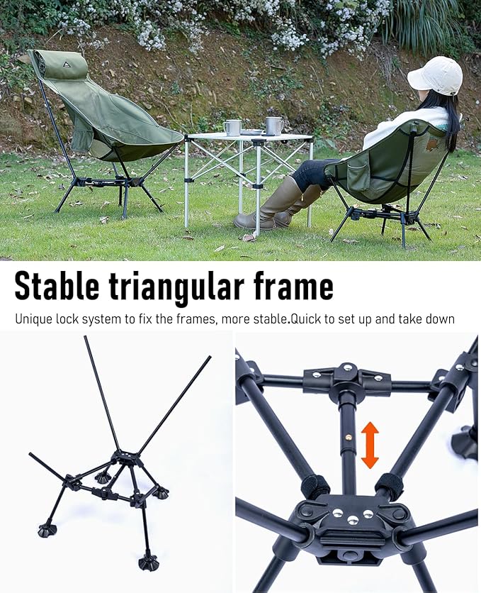 iClimb Ultralight Compact Camping Folding Beach Chair with Anti-Sinking Large Feet and Back Support Webbing (Green - Triangular Frame)