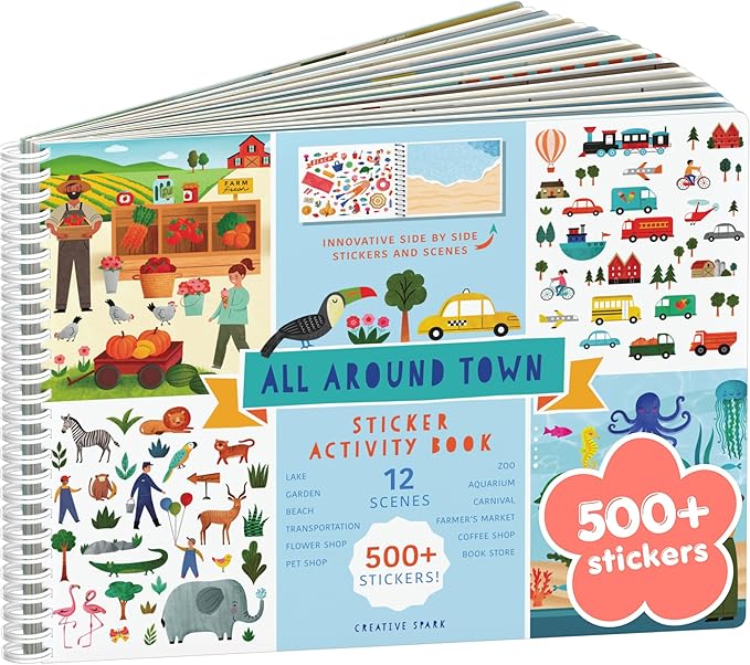 All Around Town 500+ Kids Sticker Book by Cupkin Fun Toddler Travel Activity Coloring and Sticker Book, Road Trip Essentials, 12 Coloring Pages 12 Side by Side Scenes for Ages 2–8 Years