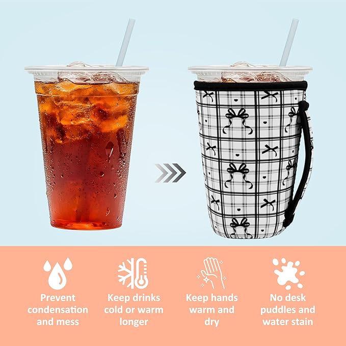KJQJLY 3 Pack Reusable Iced Coffee Sleeves for Iced Coffee Cups or Drinks Reusable Neoprene Insulated Sleeves for Hot and Cold Drinks from Starbucks, Dunkin, And More (Black Bow)