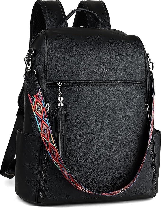 FADEON Leather Laptop Backpack for Women Designer 15.6 inch PU Laptop Bag, Ladies Travel Computer Work Backpack Black