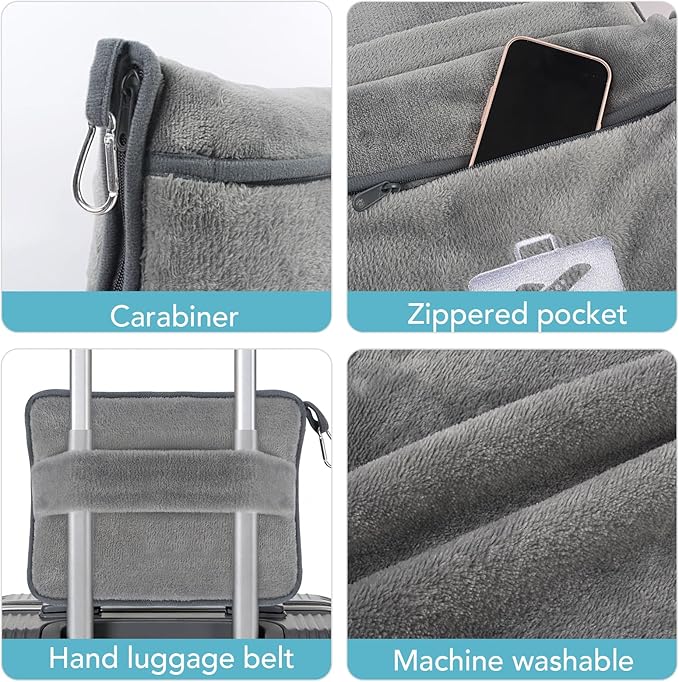 SINLAND Travel Pillow and Blanket 2-in-1 Set,Airplane Packable Bag,Soft and Lightweight Plane Flight Car Trips Travel Essentials Gift,Hand Luggage Sleeve and Backpack Clip,60x50 Inch Grey