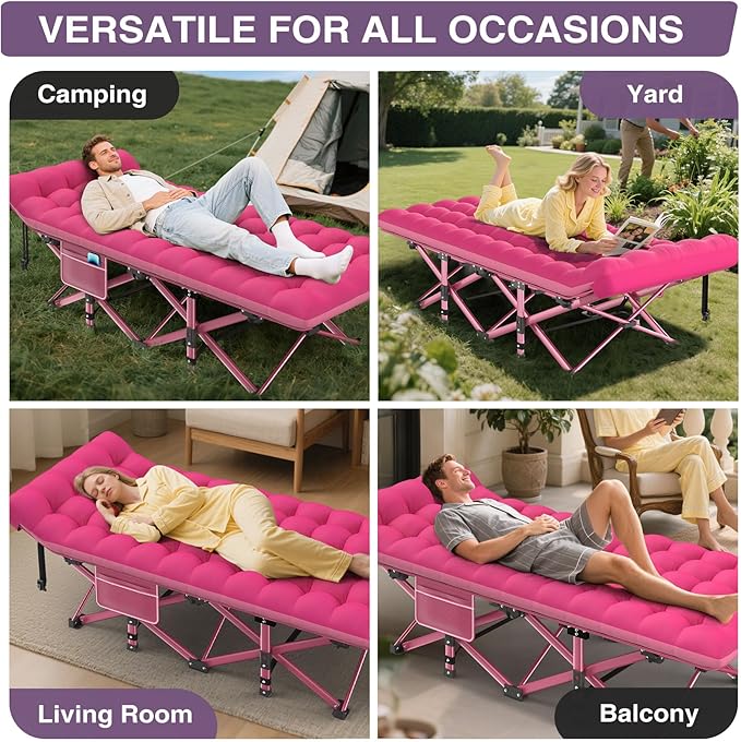 ZENPETIO Camping Cot for Adults - Heavy-Duty Cot Bed with Mattress, Portable Sleeping Cots for Outdoor Indoor, 1200D Oxford Folding Cots for Home Travel, Max Load 500LBS, Pink28in