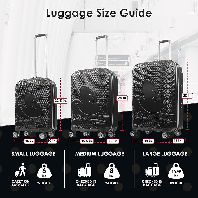 FUL Disney Mickey Mouse 3 Piece Rolling Luggage Set, Hardshell Suitcases with Spinner Wheels, 22/26/30 Inch, Black