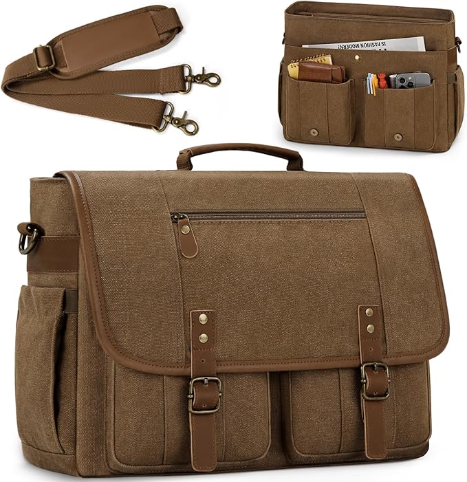 RAINSMORE Mens Messenger Bag 17-17.3 Inch Vintage Canvas Briefcase Water-resistant Large Computer Laptop Bag Rugged Satchel Shoulder Bag for Work Travel, Bookbag for College