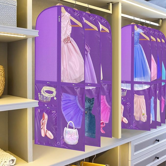 Woanger 6 Pcs Garment Bags for Dance Costumes Clear PVC with Zippers Garment Bag with Pockets Dance Costume Organizer Carrier for Storage Cover for Adult(Purple,20'' X 40'')
