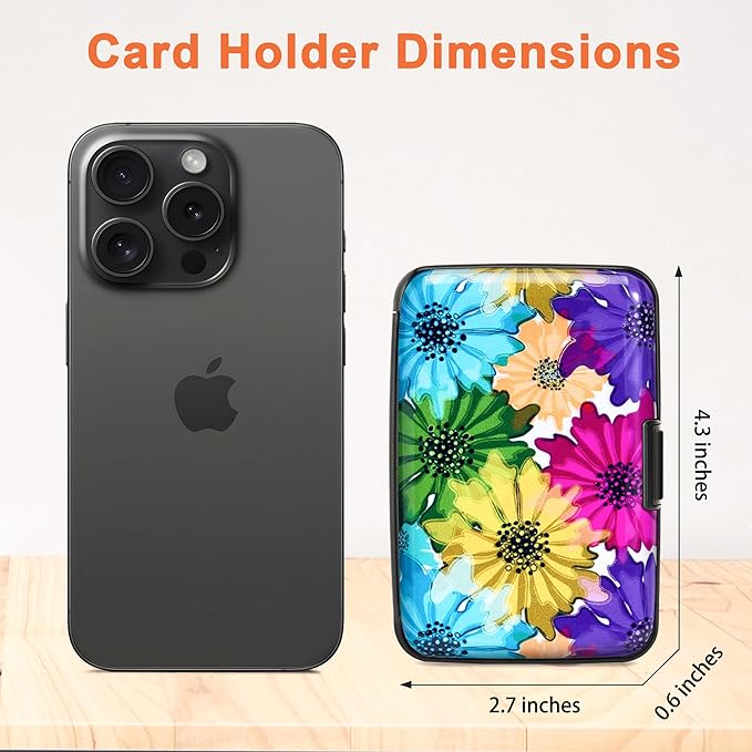 Mayski Credit Card Holder, RFID Blocking, Aluminum Alloy Hard Case, Small Mini Business Metal Wallet for Women Men, Colorful Flowers