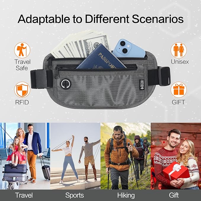 Slim RFID Blocking Money Belt for Travel - Anti-Theft Hidden Passport Holder Waist Wallet with Secure Pouch for Cash, Credit Cards & Phone Safe (Grey)