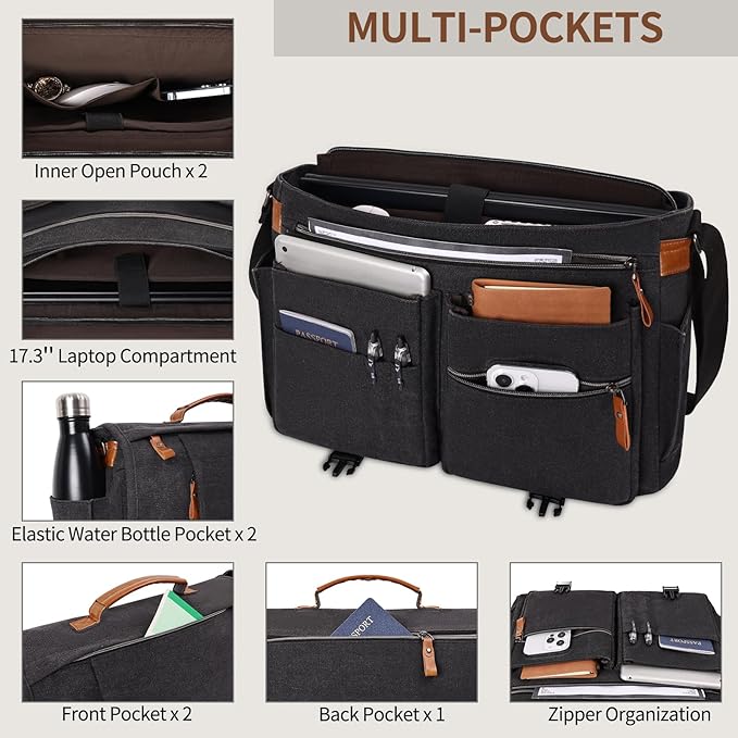 ESTARER Messenger Bag 17.3 Inch, Mens Computer Bag for Teacher/College/Work/Travel, Water-resistant Canvas Laptop Bag Satchel Briefcase, Dark Grey