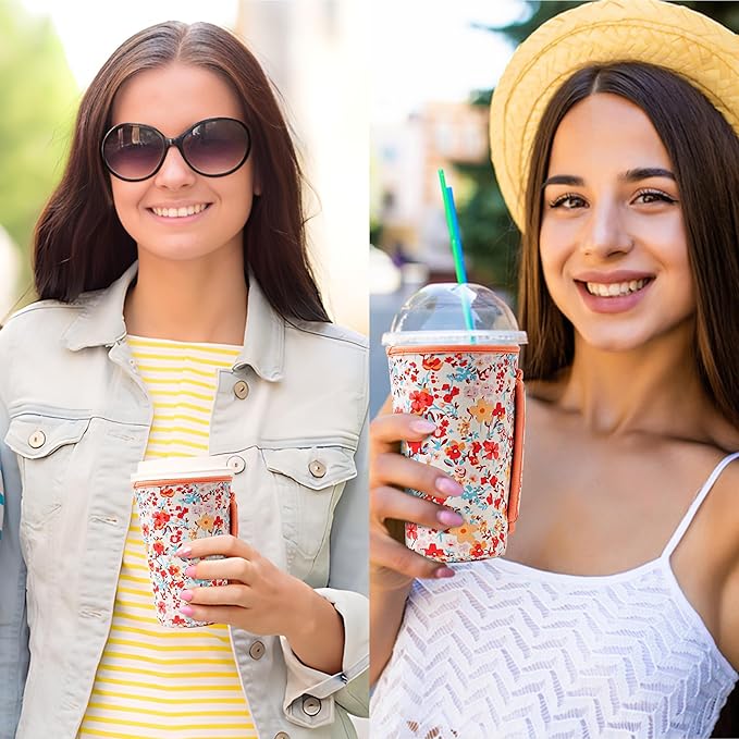 KJQJLY 3 Pack Reusable Iced Coffee Sleeves for Iced Coffee Cups or Drinks Reusable Neoprene Insulated Sleeves for Hot and Cold Drinks from Starbucks, Dunkin, And More (Light orange floral)