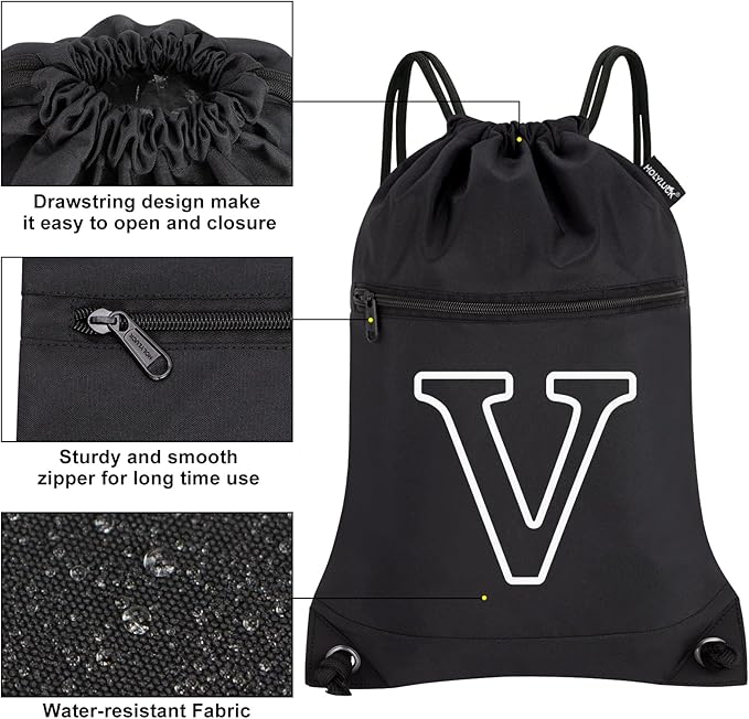 HOLYLUCK Drawstring Bags Initial Backpack Sackpack Cinch Bags for Sports, Gym, Travel, Beach (Black-V)