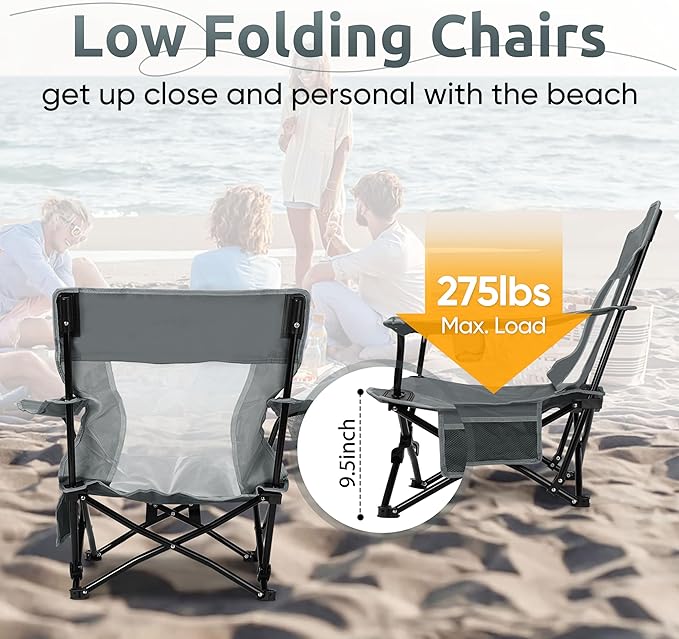 HaSteeL Folding Beach Chair Set of 2, Foldable Grey Camping Chairs for Outside, Low Beach Chair Portable for Adults Fishing, Picnic, Outdoor BBQ, Travel, Sports, Cup Holder & Storage Bag