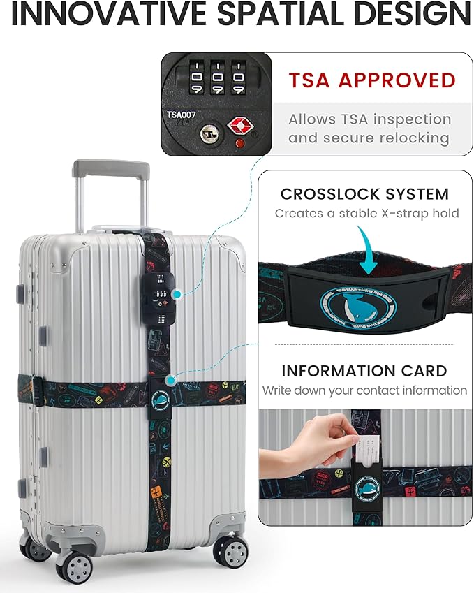 Travelkin Luggage Straps for suitcases TSA Approved,Adjustable Luggage Belts with Lock Fit 18-32 inch Suitcases(World Marks-Colorful-TSA)