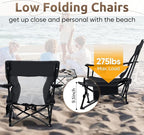HaSteeL Folding Beach Chair Set of 3, Foldable Black Camping Chairs & Grey Table for Outside, Low Beach Chair Portable for Adults Fishing, Picnic, Outdoor BBQ, Cup Holder & Storage Bag