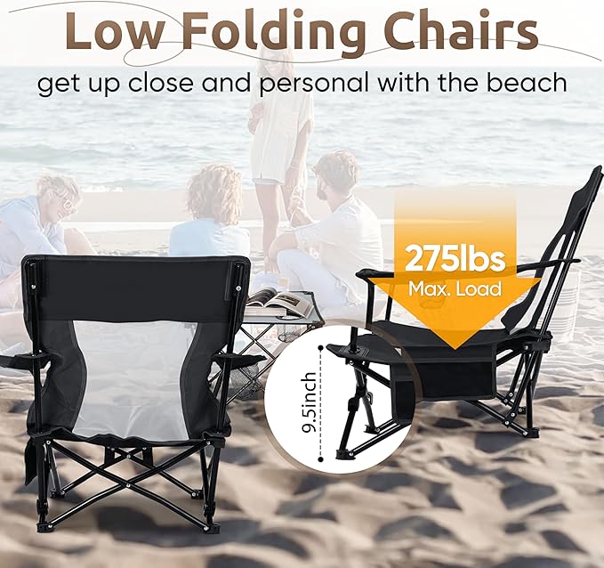 HaSteeL Folding Beach Chair Set of 3, Foldable Black Camping Chairs & Grey Table for Outside, Low Beach Chair Portable for Adults Fishing, Picnic, Outdoor BBQ, Cup Holder & Storage Bag