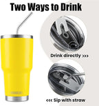 D·S 30oz Yellow Tumbler Stainless Steel Insulated Travel Mug with Straw Lid Cleaning Brush (30oz Yellow)