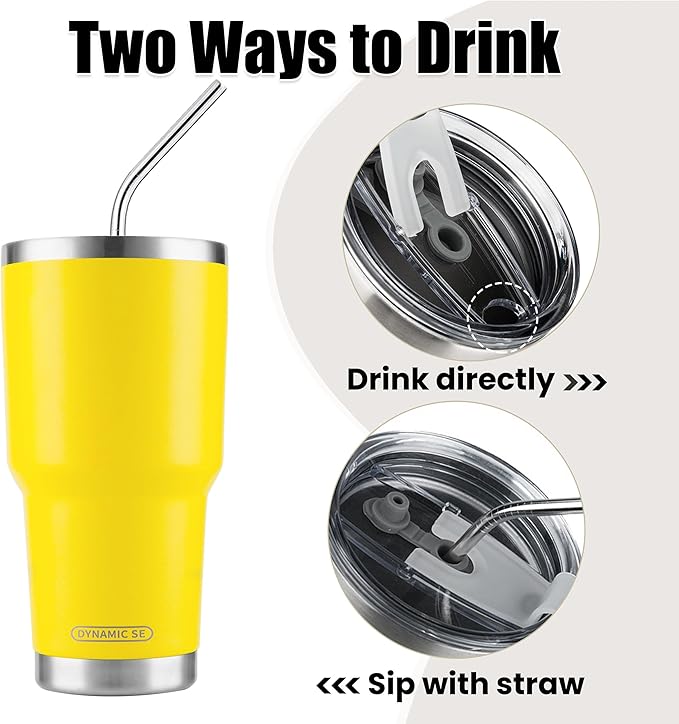 D·S 30oz Yellow Tumbler Stainless Steel Insulated Travel Mug with Straw Lid Cleaning Brush (30oz Yellow)