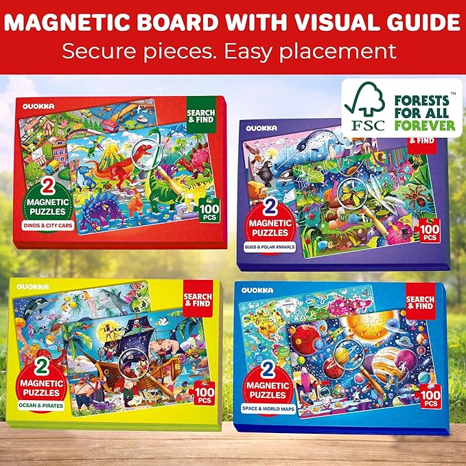 QUOKKA Magnetic Puzzles for Kids Ages 4-6 – 100 PCS Magnetic Puzzle Book for Toddlers 3-5 – 2 Puzzles & 2 Spot The Difference Maps – Search & Find Travel Games – Activity Book Toy Ocean & Pirates