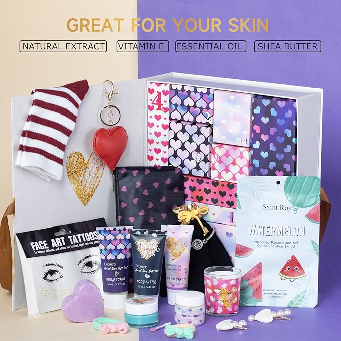 Valentines Bath and Body Advent Calendar, Wedding Gift of Thank you, Teen girls Happy Birthday Gifts for Women Mom -Luxury Spa advent calendar Spa Gifts for Women, Birthday Bridal Shower
