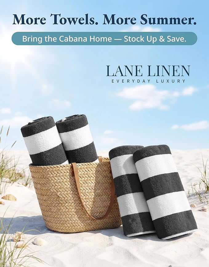 LANE LINEN Beach Towels 4 Pack - 520 GSM, (30" x 60") 100% Cotton Pool Towel for Adults - Thick & Highly Absorbent Extra Large Beach Towel - Super Soft & Quick Dry Cabana Stripe Pool Towel Set - Grey