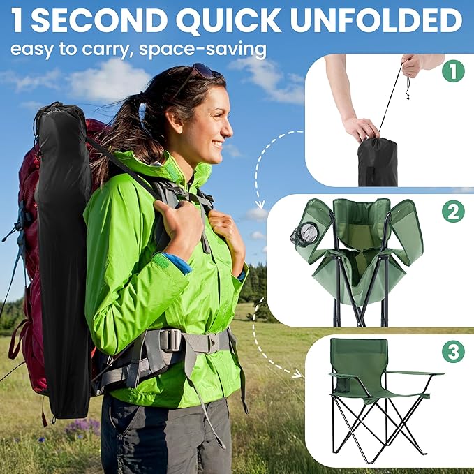 2-Pack Foldable Camping Chairs with Cup Holder, 300LB Lawn Portable Folding Chairs for Adults, Lightweight Outdoor Beach Chairs with Carry Bag for Camp, Fishing, Sports (Green)