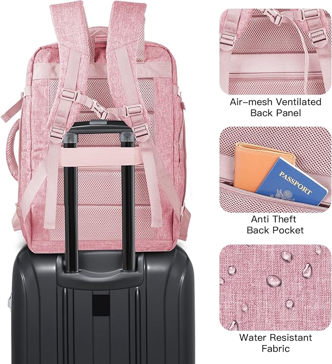 Gieury Carry On Backpack for Women, 50L Travel Backpack Flight Approved, Expandable Backpack For Airplanes, 17 Inch Laptop Backpack, Luggage Suitcase Daypack Lightweight Business Weekender Bag, Pink