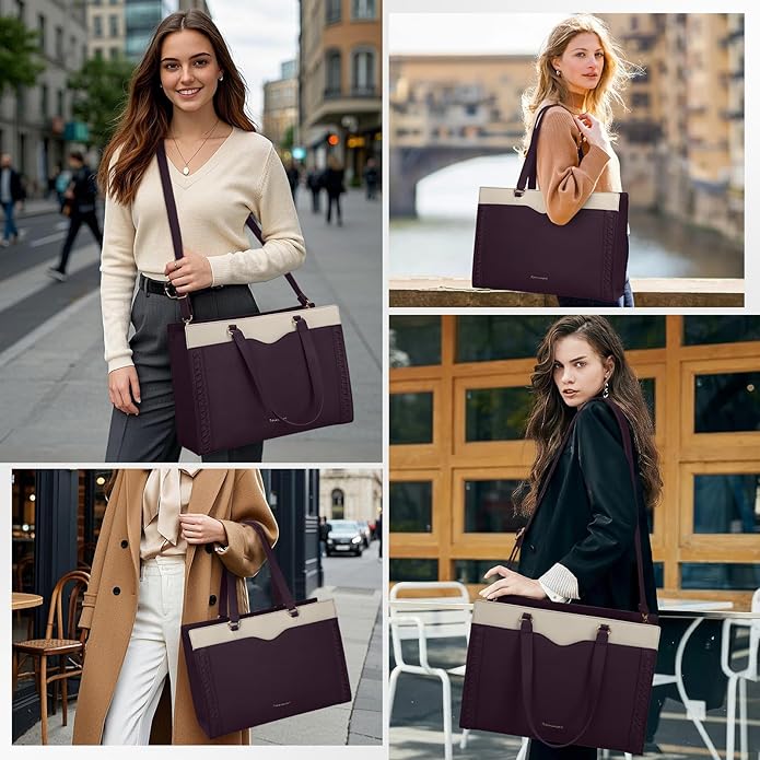 RAINSMORE Laptop Bag for Women 15.6 Inch Work Tote Bag with Detachable Strap & Bow Professional Laptop Tote with Cup Holder