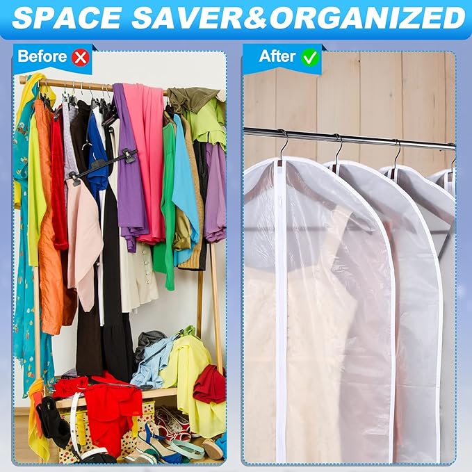 Weysat Set of 36, 24 x 60 Inch Hanging Garment Bag Clear Garment Covers Plastic Clothes Protectors for Hanging Clothes Storage Full Zipper Suit Bags PEVA Breathable Cover for Clothing Coat