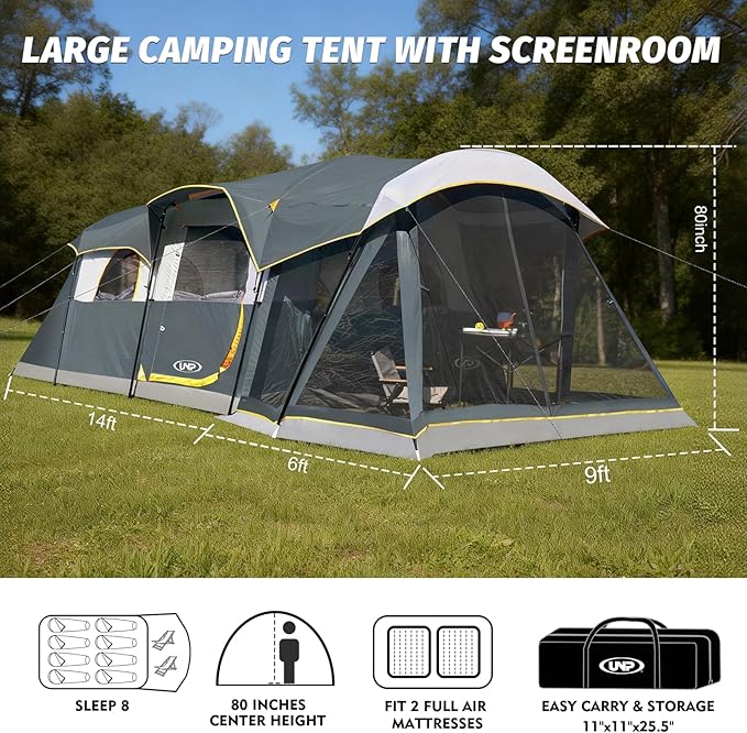 UNP Camping Tent 8 Person Waterproof Big Tunnel Tent with Screen Porch,Family Outdoor Large Tents for Camping 20' x 9' x 80in(H)