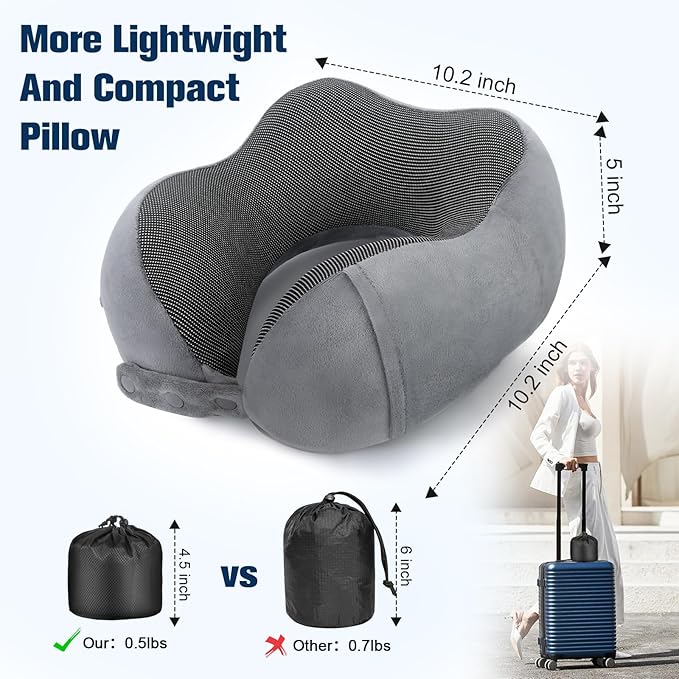 Cirorld Neck Pillow for Traveling, Travel Pillows for Airplanes,100% Pure Memory Foam Travel Neck Pillow, Adjustable Flight Pillow, Portable Plane Accessories with Eye Mask, Earplugs, Carry Bag