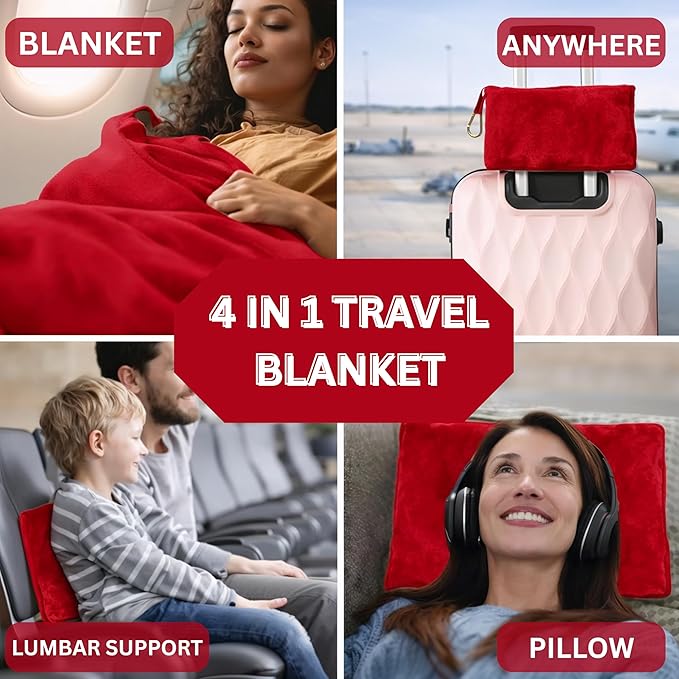 Travel Blanket and Pillow Compact – 4-in-1 Soft Fleece Airplane Blanket with Bag Pillowcase, Neck Pillow, Eye Mask & Earplugs, Lightweight Portable Flight Blanket 60"x43" (Red)